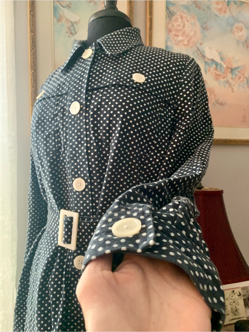 Michael Kors Vintage Polka Dot Belted Trench Coat Dress - Navy / White
